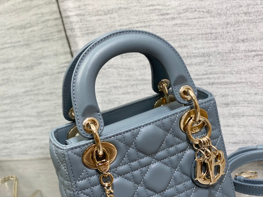 Dior Dusty Blue Quilted Leather Mini Top Handle Crossbody Handbag
