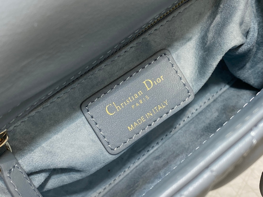 Dior Luxury Dusty Blue Quilted Leather Mini Handbag with Gold Chain