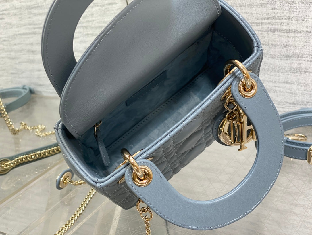 Dior Dusty Blue Quilted Leather Mini Top Handle Crossbody Handbag