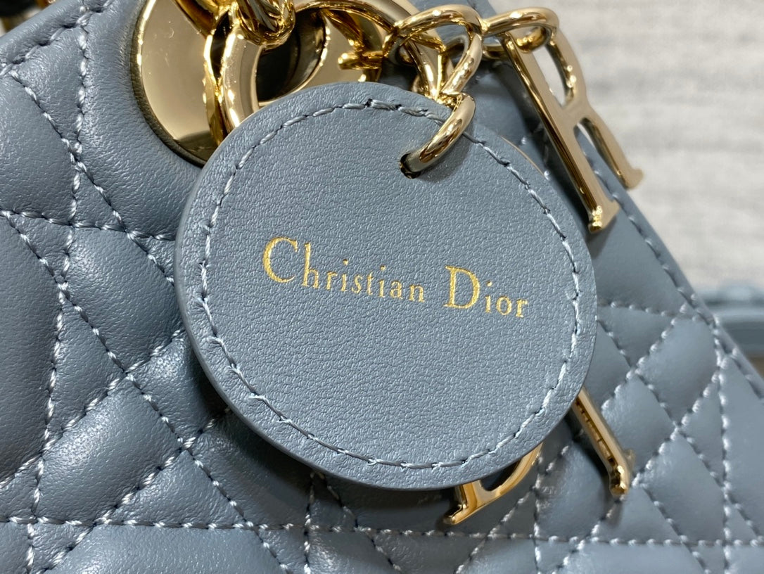 Dior Luxury Dusty Blue Quilted Leather Mini Handbag with Gold Chain