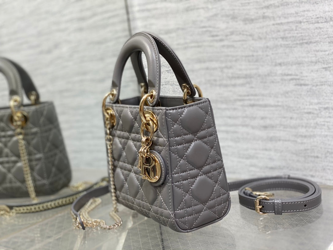 Dior Elegant Grey Quilted Leather Mini Handbag with Gold Chain Strap