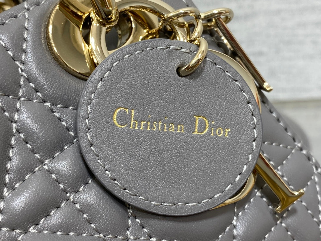Dior Elegant Grey Quilted Leather Mini Handbag with Gold Chain Strap