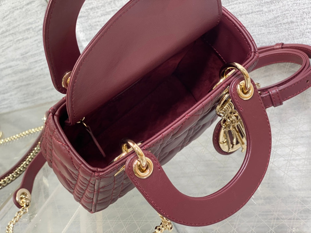 Dior Burgundy Quilted Leather Mini Top Handle Crossbody Bag with Gold Hardware