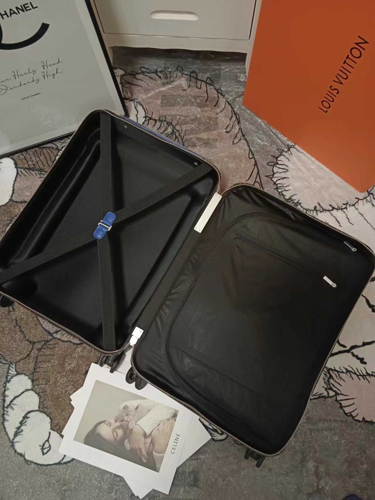 Vintage Monogram Rolling Suitcase with Blue Accents