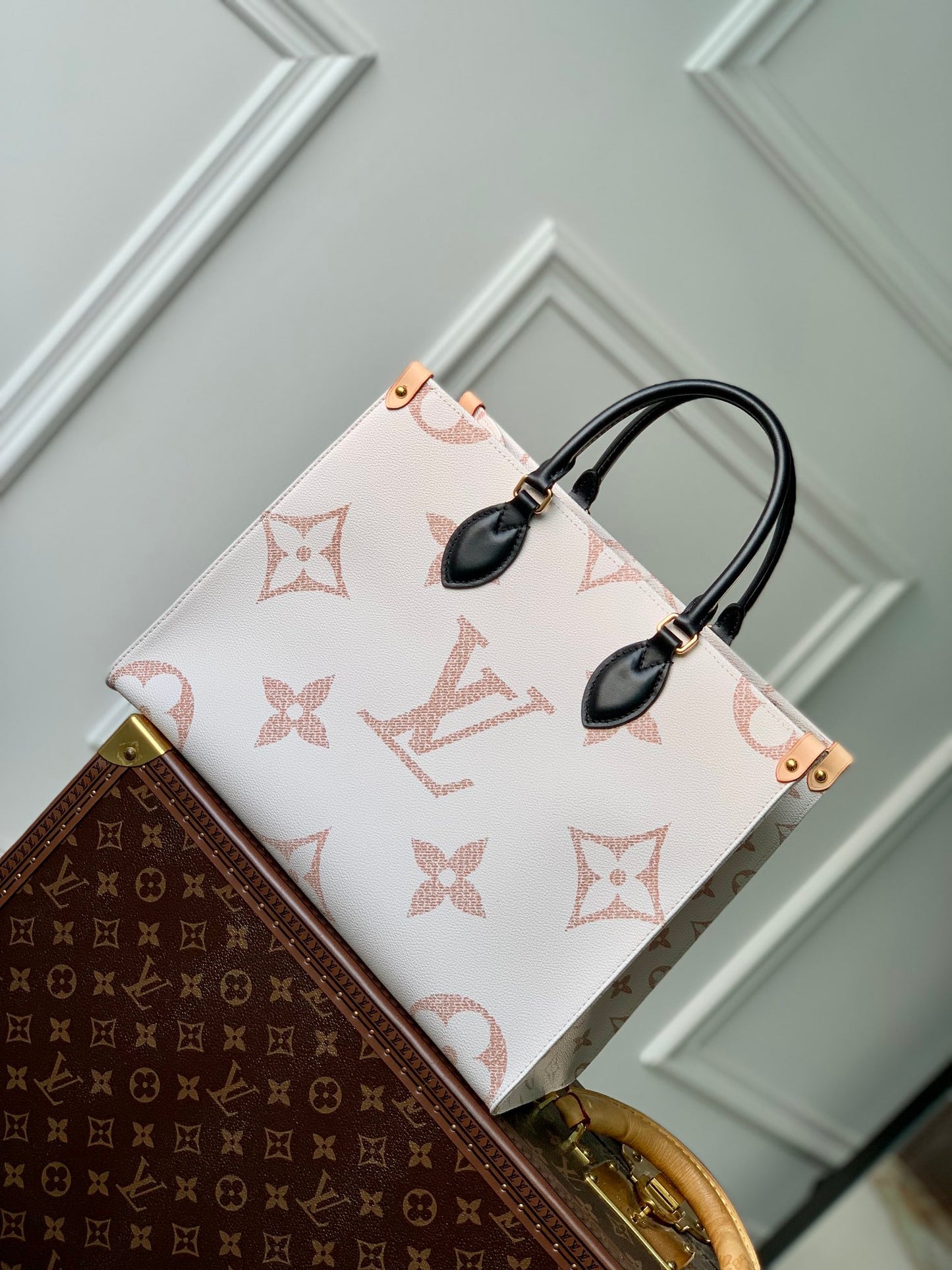 Louis Vuitton Elegant Monogram Print Canvas Tote Bag with Black Top Handles