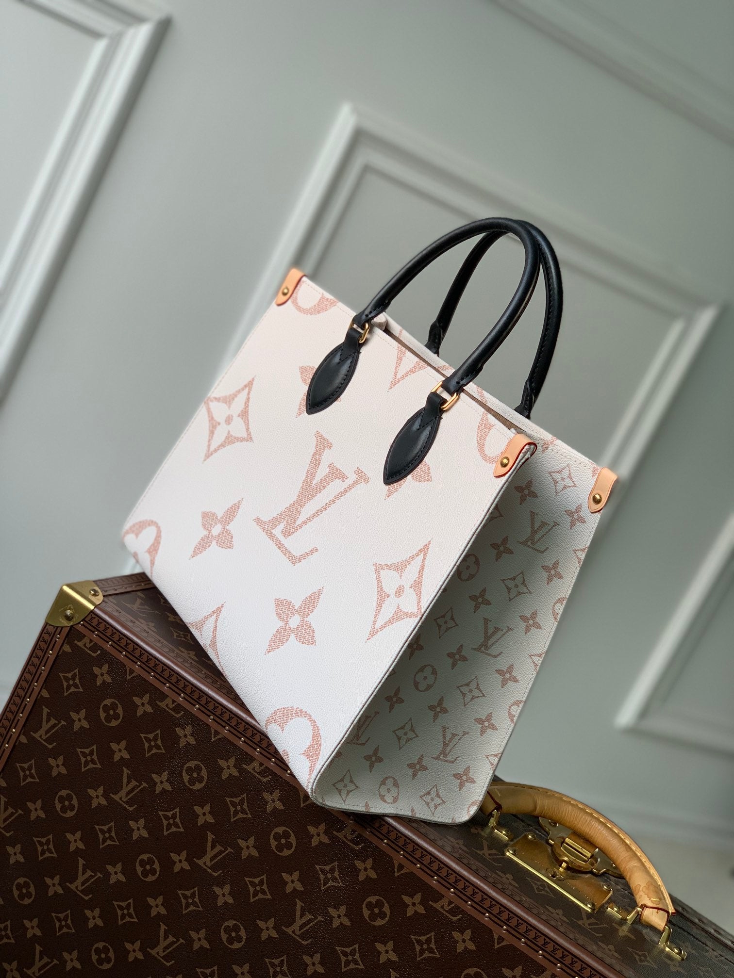 Louis Vuitton Elegant Monogram Print Canvas Tote Bag with Black Top Handles