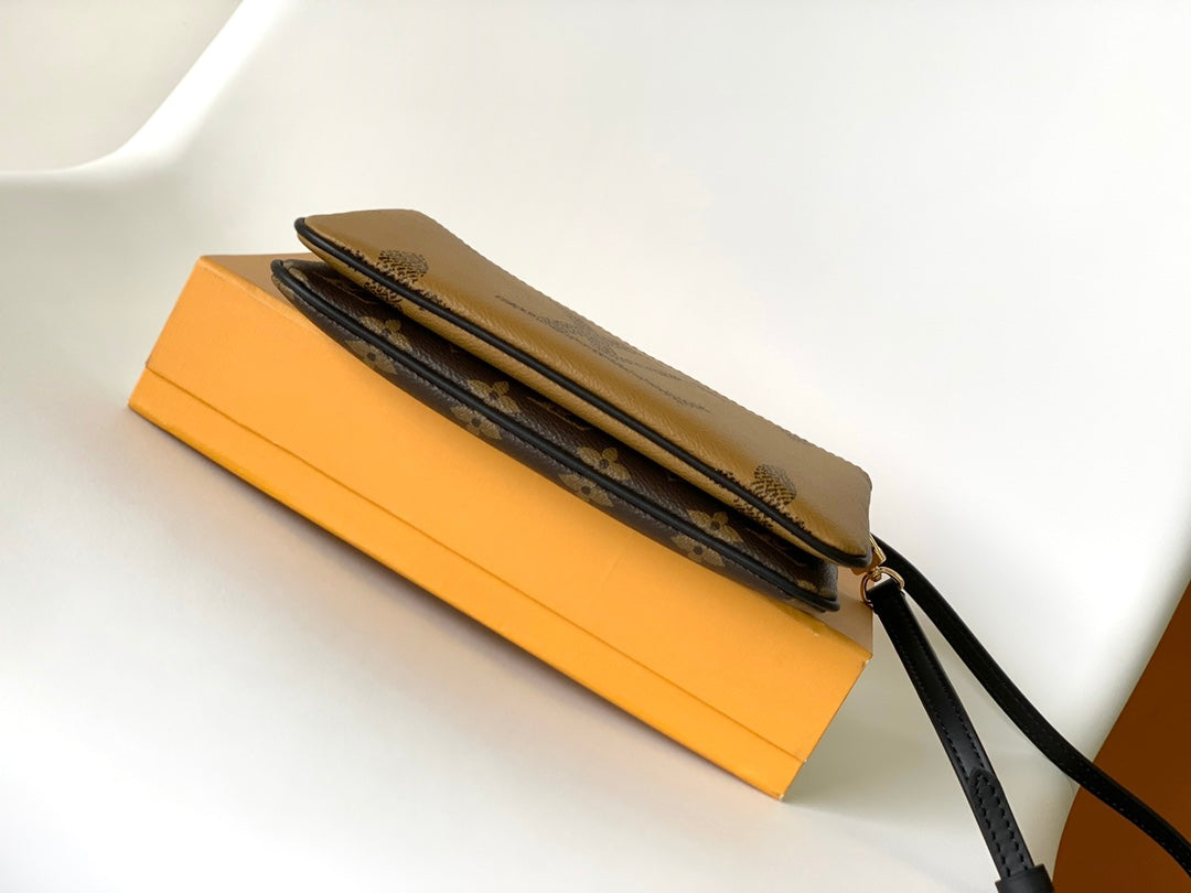 Louis Vuitton Minimalist Tan Logo Print Crossbody Pouch with Slim Black Strap