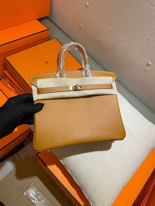 Luxury Gold Leather and Canvas Top Handle Satchel Handbag - Elegant Two-Tone Tote