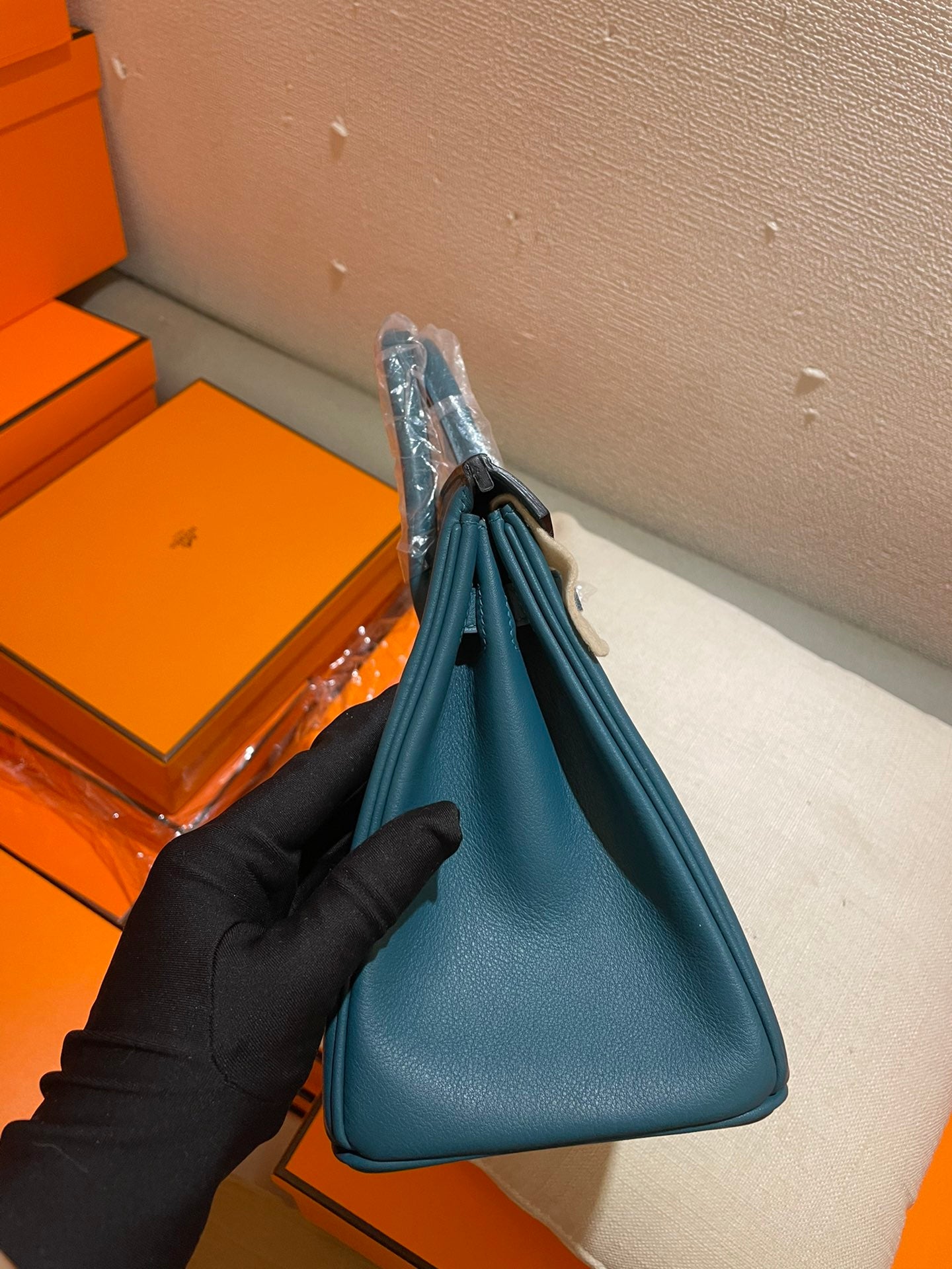 Luxury Teal Blue Leather Top Handle Handbag - Elegant Birkin Style Tote with Hardware