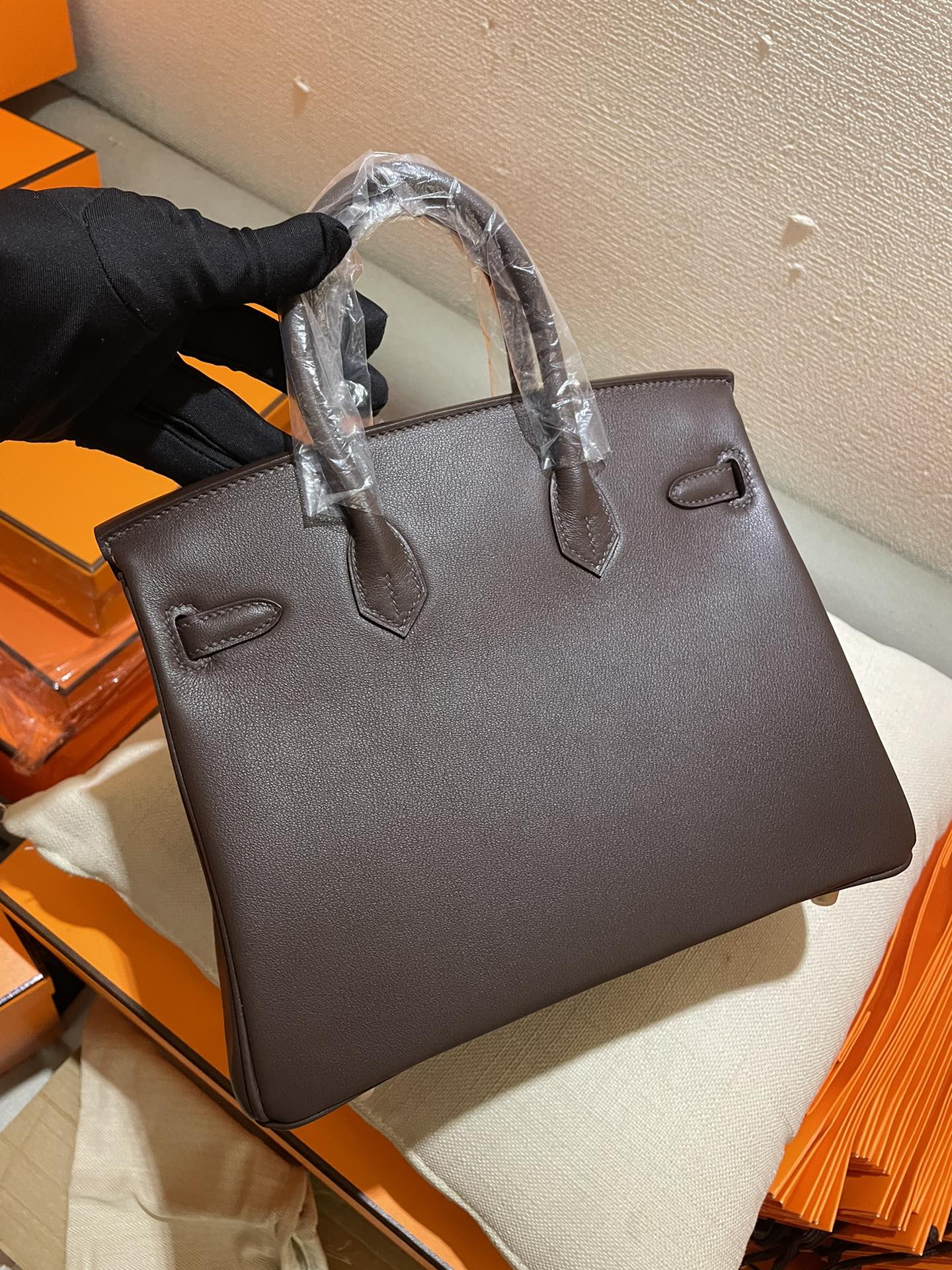 Elegant Dark Taupe Leather Top Handle Handbag with Silver-Tone Hardware