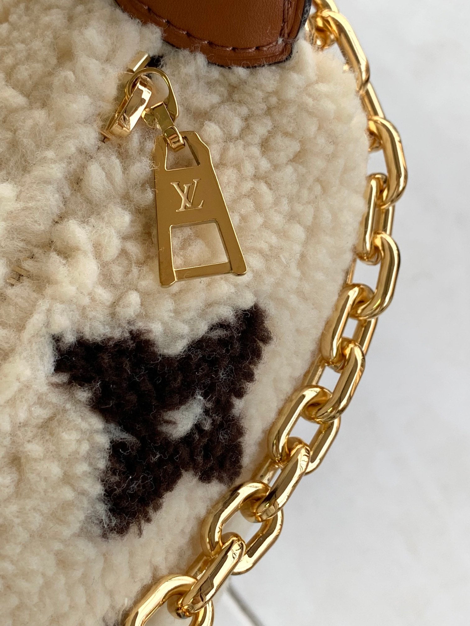 Louis Vuitton Plush Shearling Crescent Shoulder Bag with Gold Chain Strap