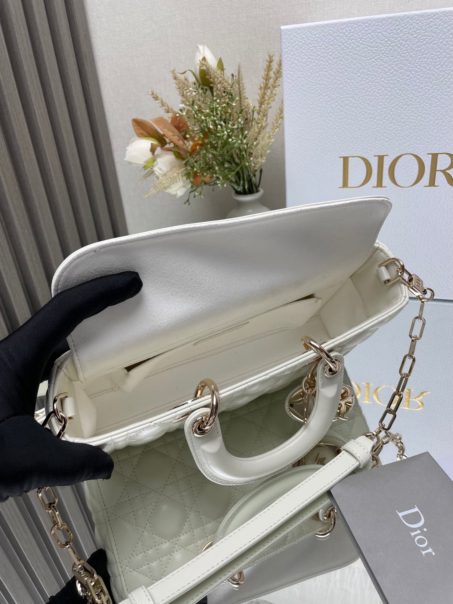 Dior Elegant White Quilted Leather Top Handle Bag with Gold Chain Strap