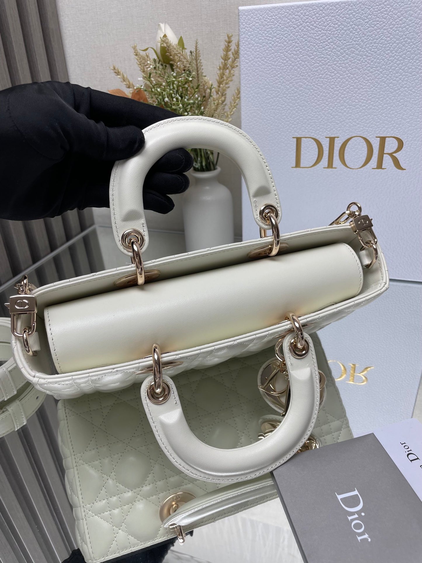 Dior Elegant White Quilted Leather Top Handle Bag with Gold Chain Strap