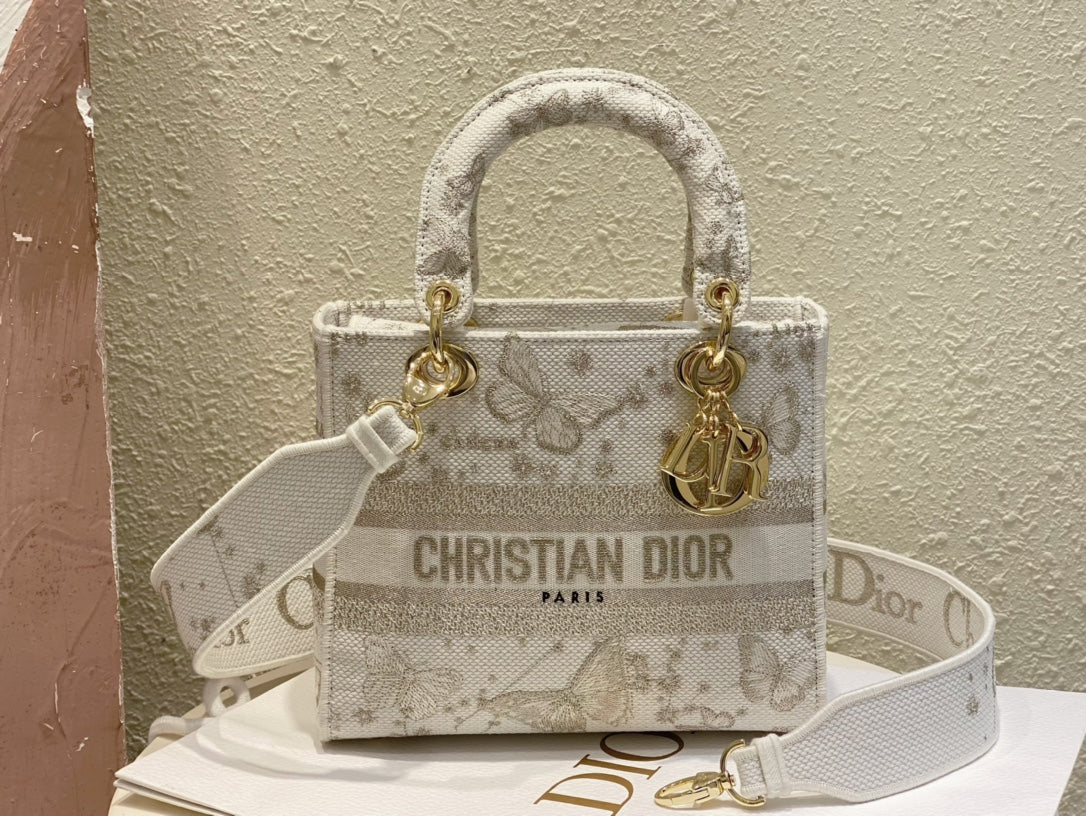 Dior Elegant Butterfly Embroidered Canvas Top Handle Bag with Shoulder Strap