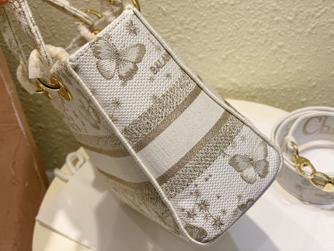 Dior Elegant Butterfly Embroidered Canvas Top Handle Bag with Shoulder Strap