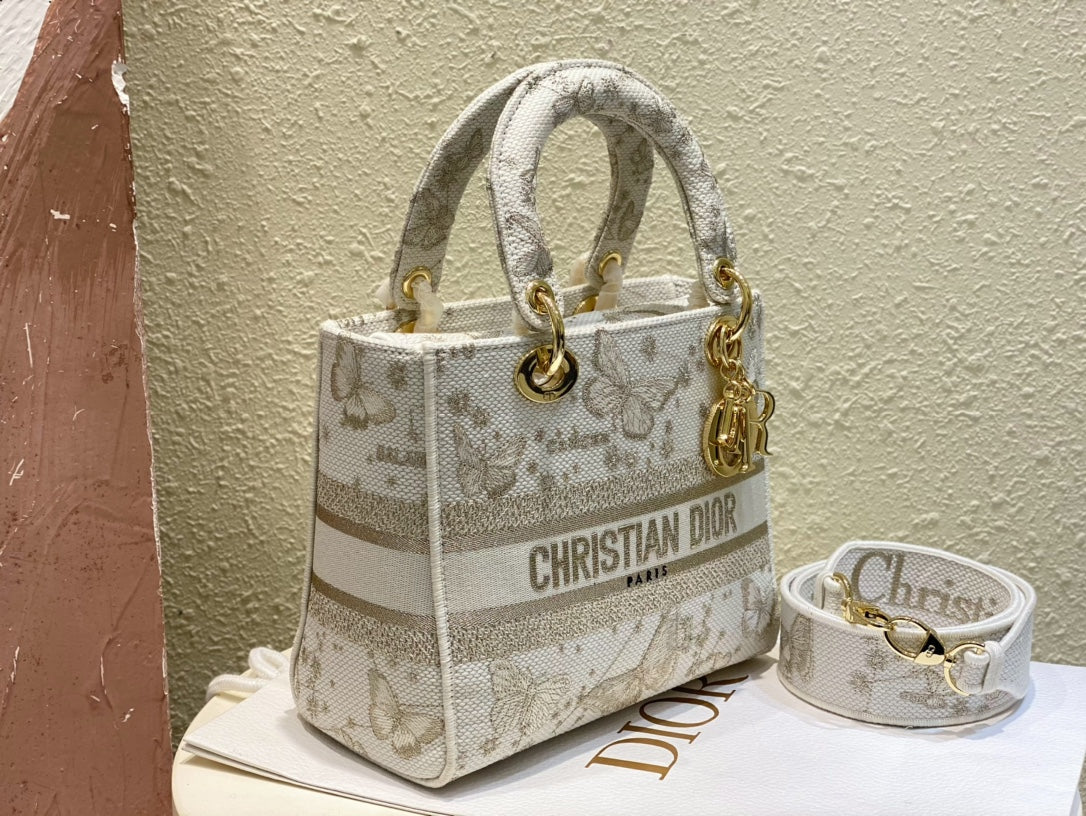 Dior Elegant Butterfly Embroidered Canvas Top Handle Bag with Shoulder Strap