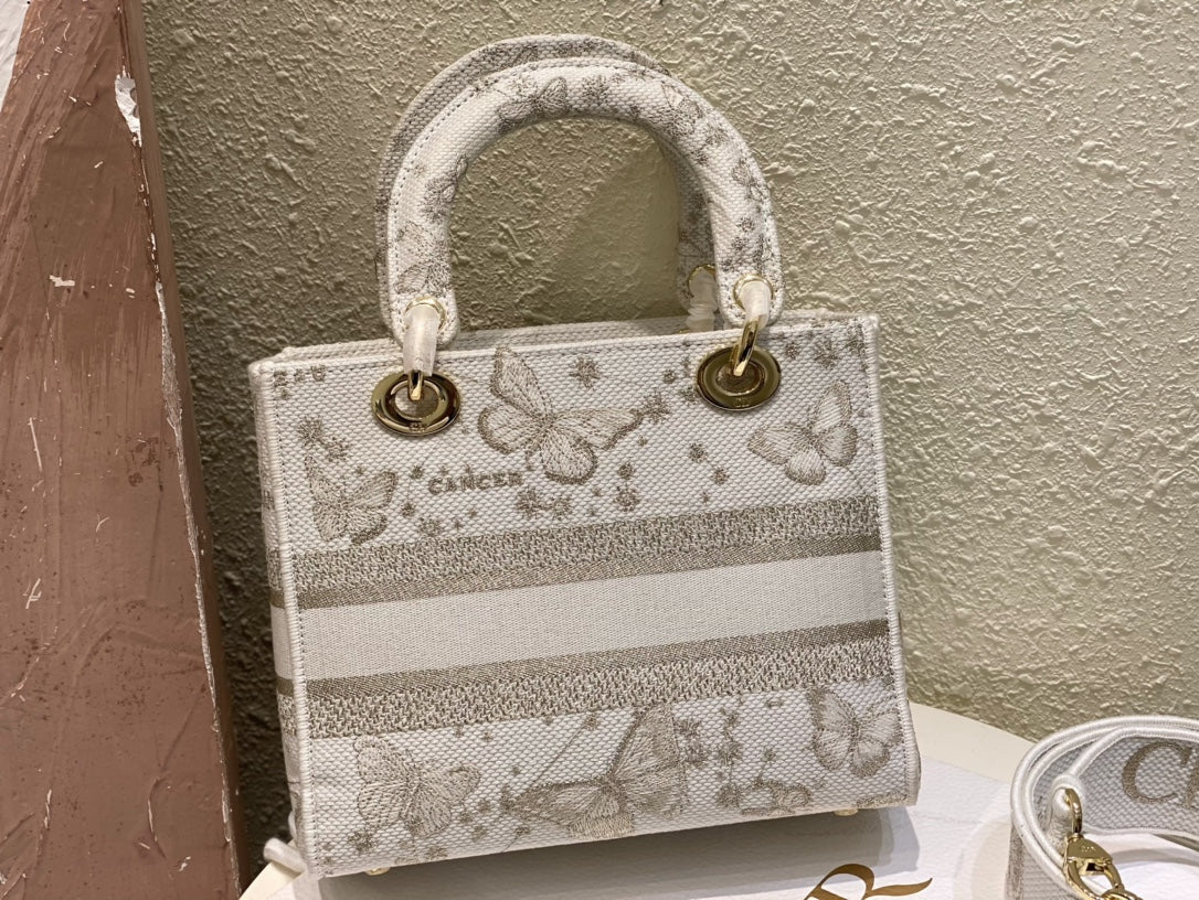 Dior Elegant Butterfly Embroidered Canvas Top Handle Bag with Shoulder Strap