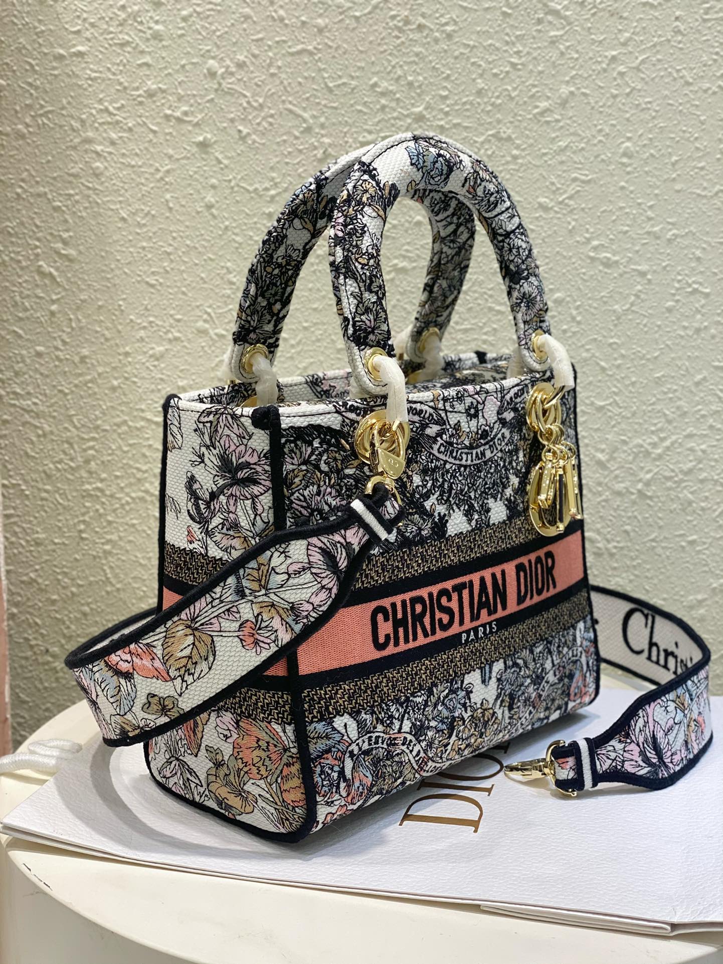 Dior Vintage Embroidered Floral Canvas Handbag with Shoulder Strap