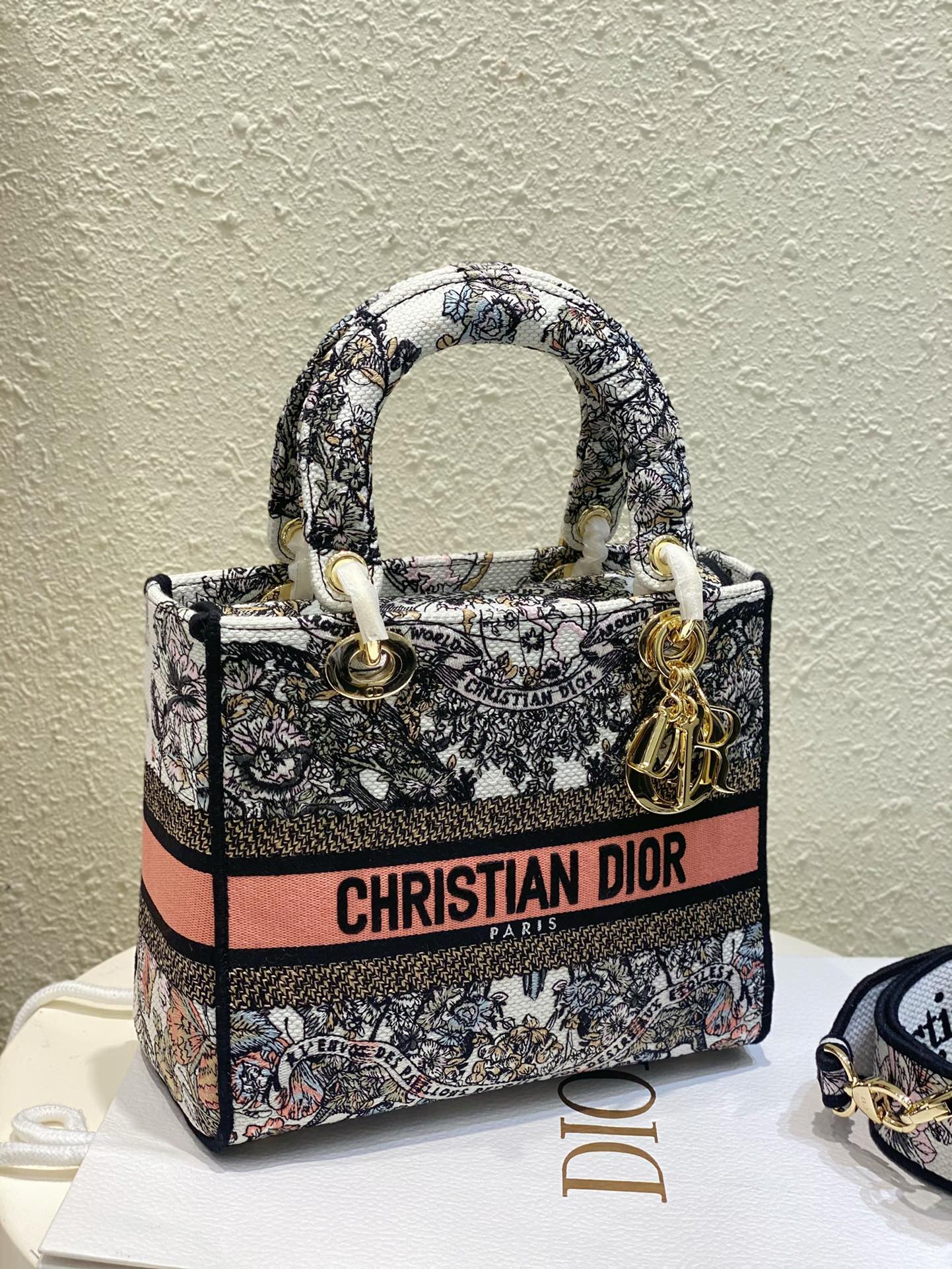 Dior Vintage Embroidered Floral Canvas Handbag with Shoulder Strap