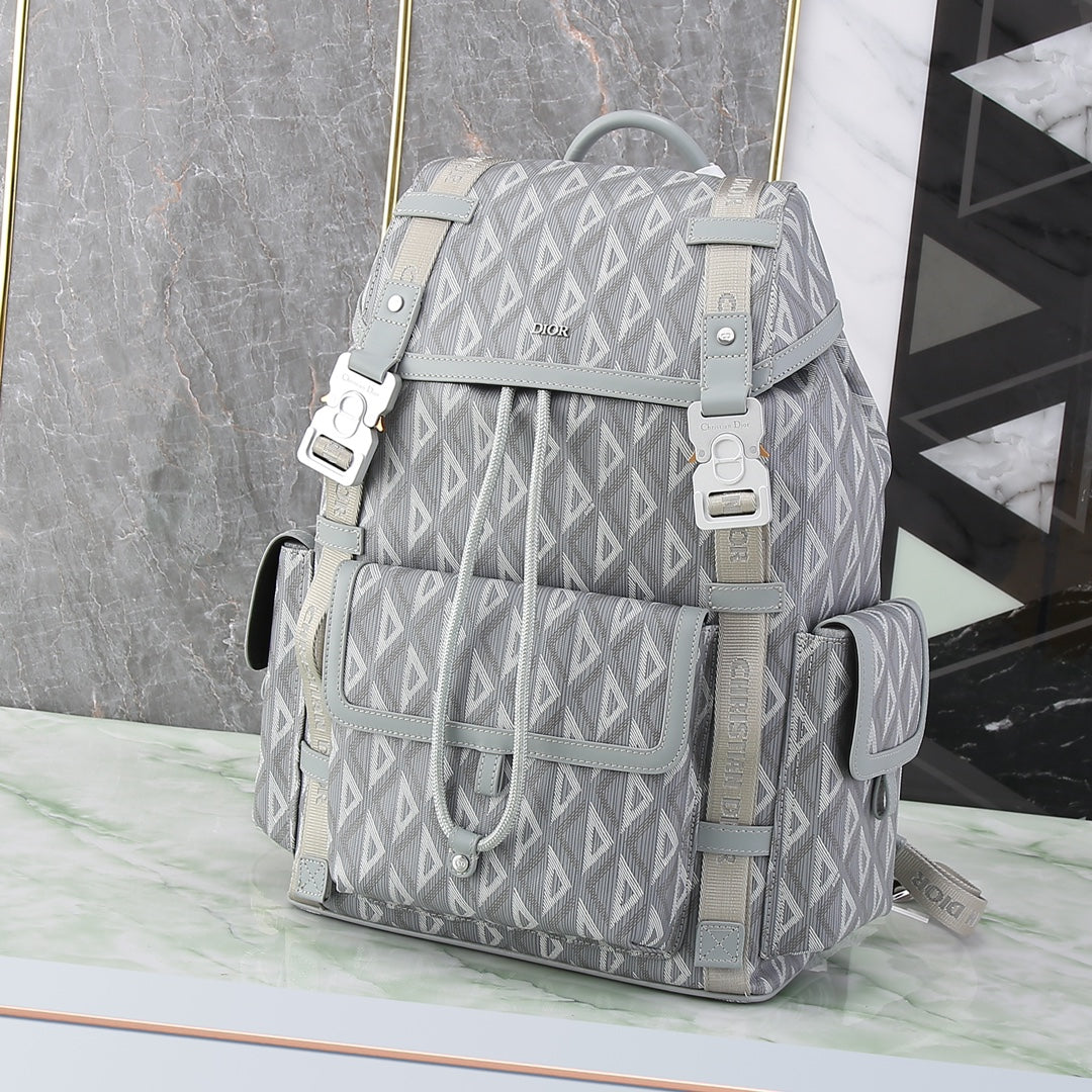 Dior Grey Geometric Diamond Pattern Drawstring Travel Backpack
