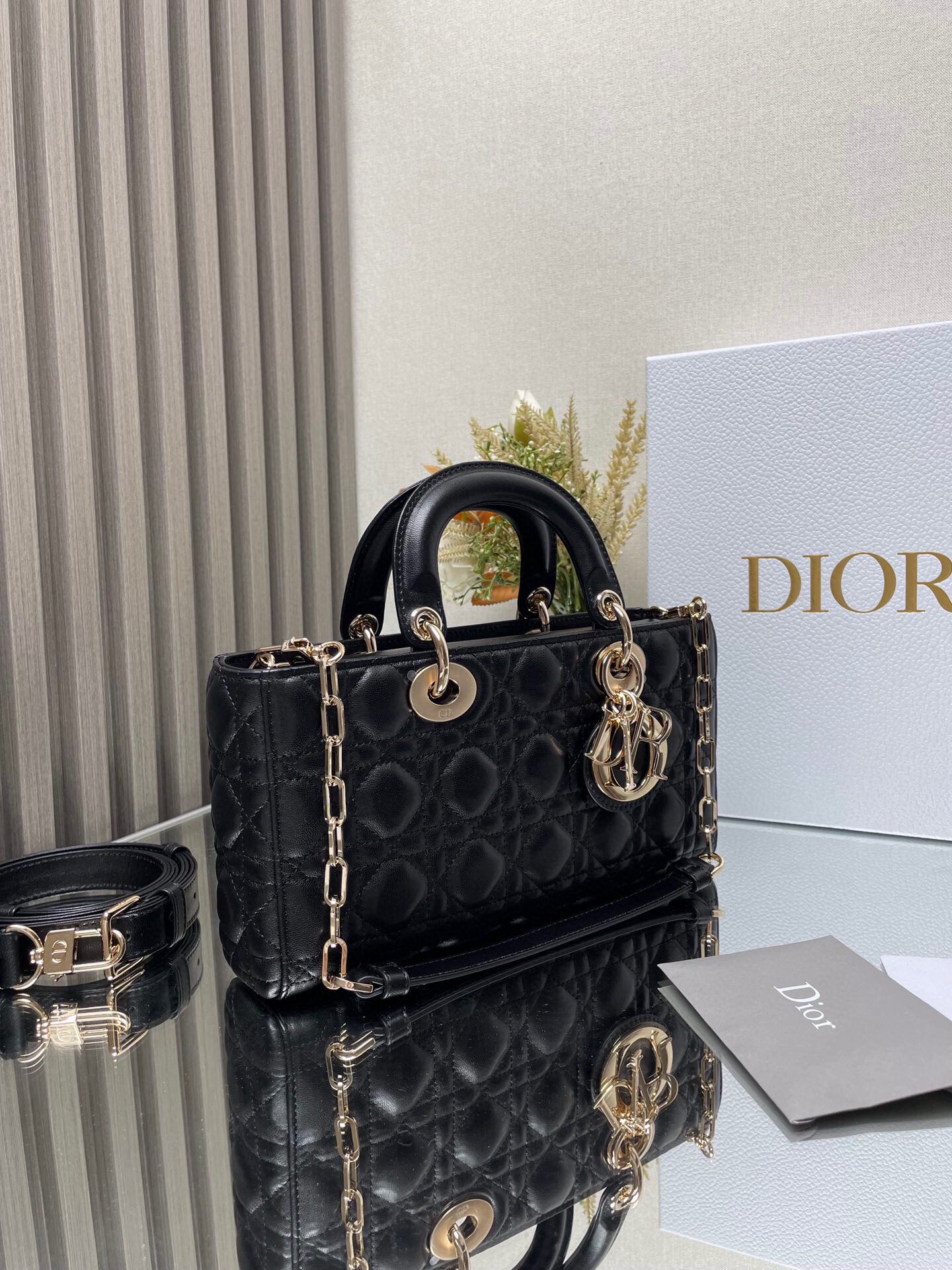 Dior Black Quilted Leather Top Handle Handbag with Gold Chain Strap