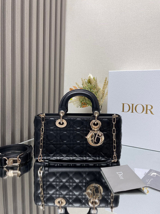 Christian Dior Lady D-Joy Bag - Black Cannage Lambskin with Gold-Finish Metal Charms