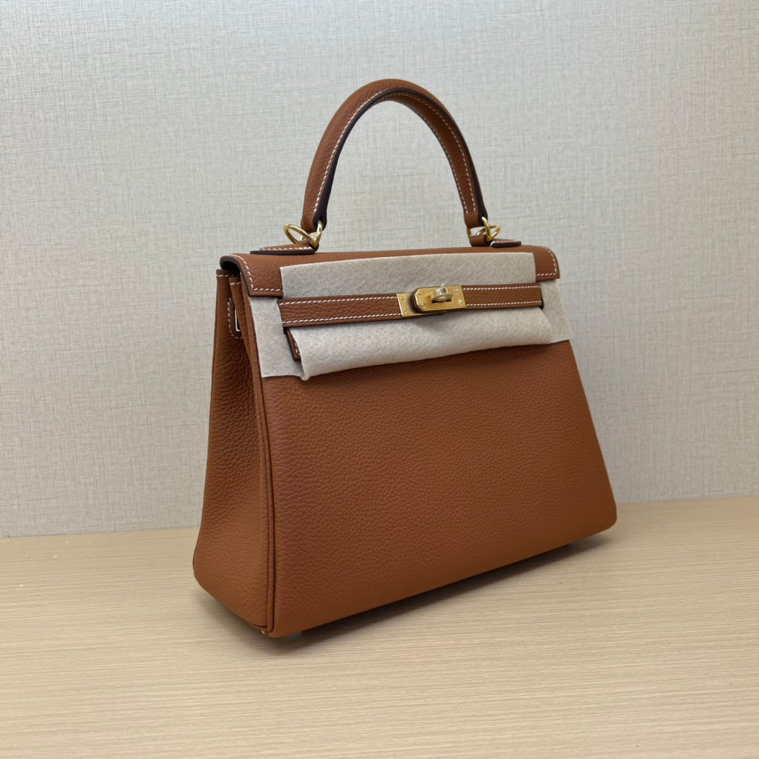 Classic Tan Leather Top Handle Handbag - Structured Luxury Satchel with Gold Hardware