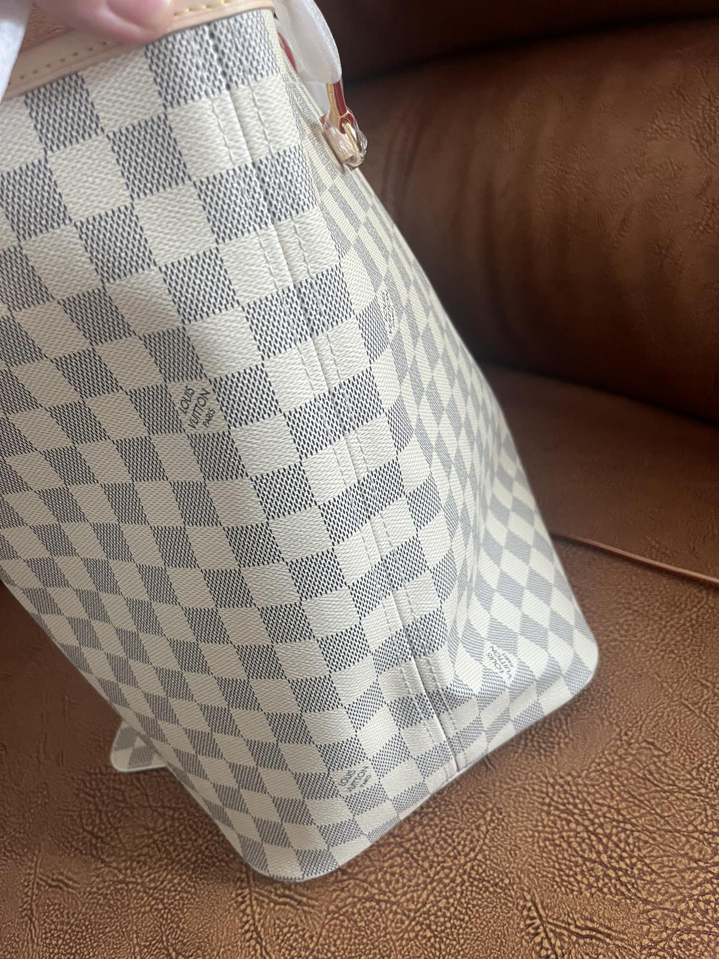 Louis Vuitton Grey and White Checkered Canvas Tote Bag with Pouch Shoulder Purse