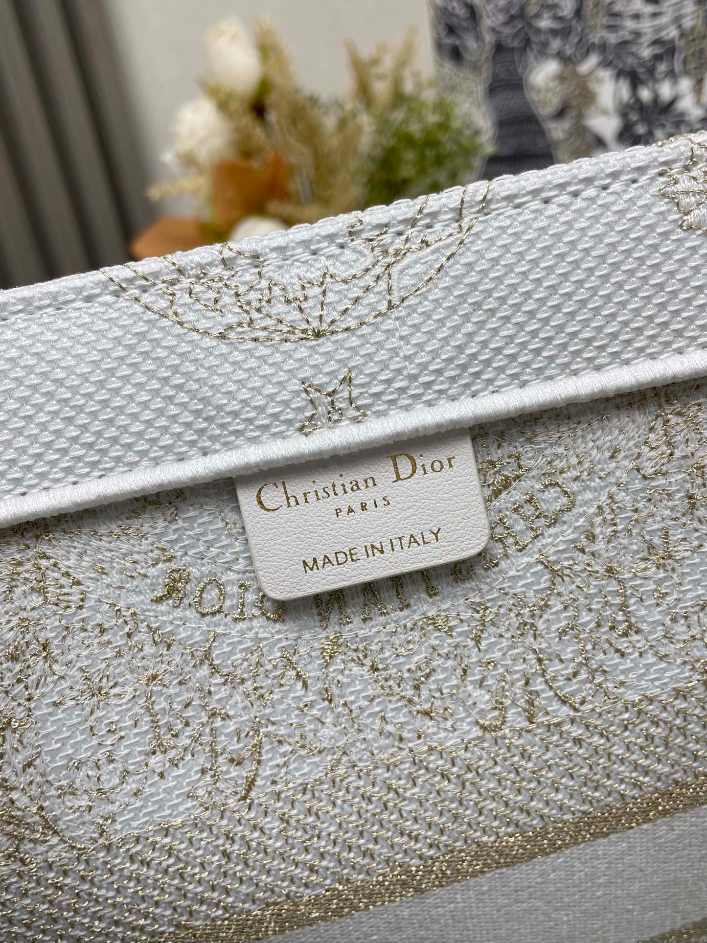 Dior Beige Floral Embroidered Canvas Tote Bag Large Shoulder Handbag