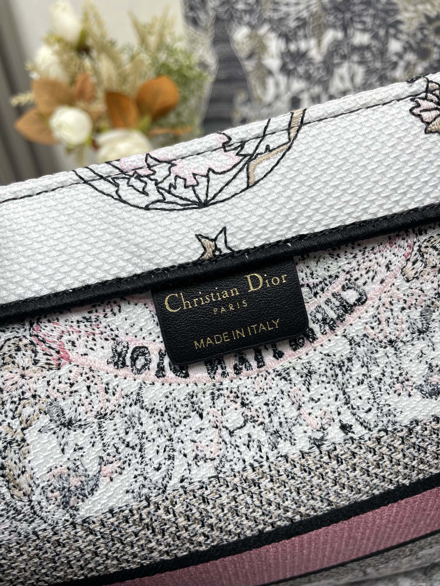Dior Elegant Pink and Black Floral Tapestry Canvas Tote Handbag