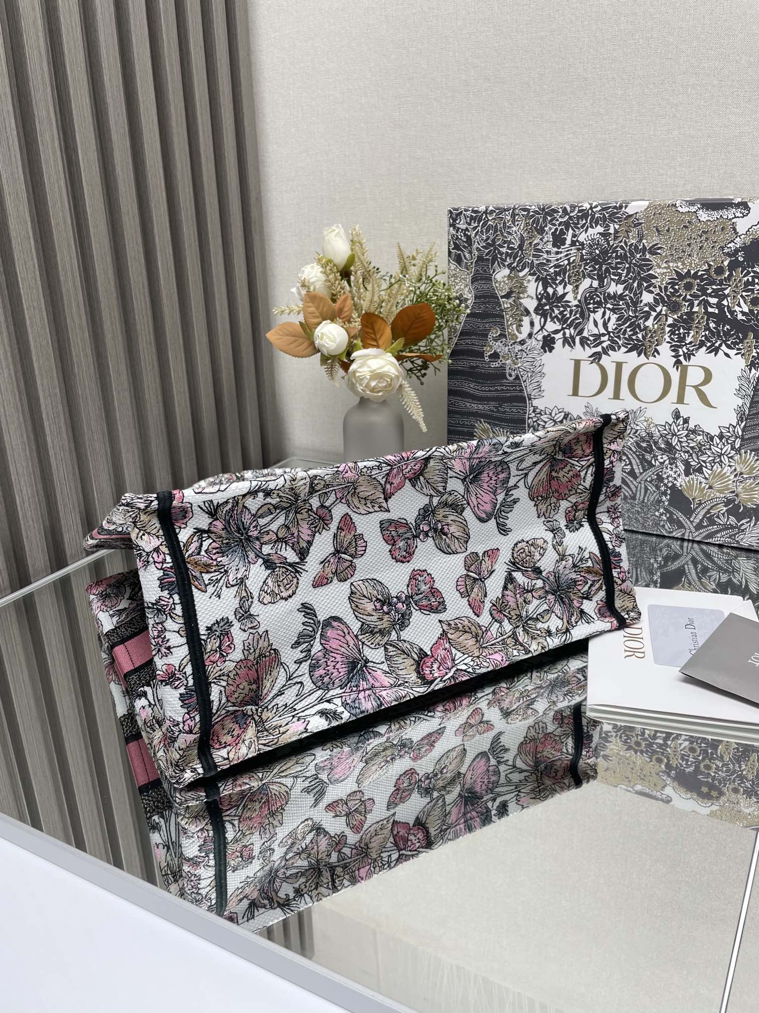 Dior Elegant Pink and Black Floral Tapestry Canvas Tote Handbag