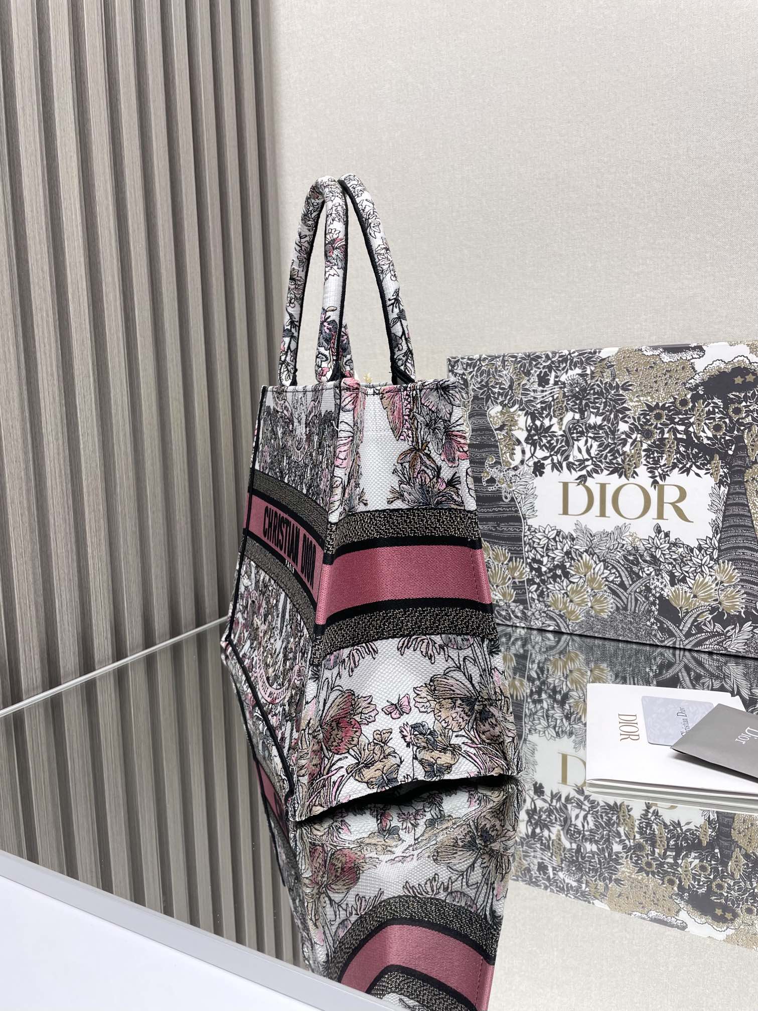 Christian Dior Medium Book Tote - Grey, White, and Pink Toile de Jouy Embroidery