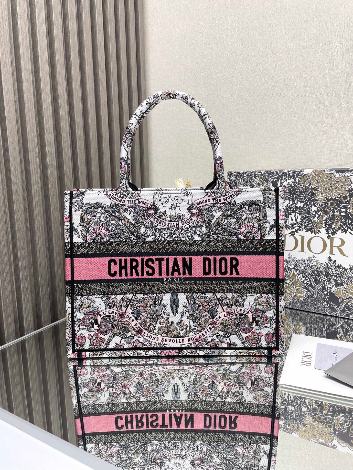 Dior Elegant Pink and Black Floral Tapestry Canvas Tote Handbag