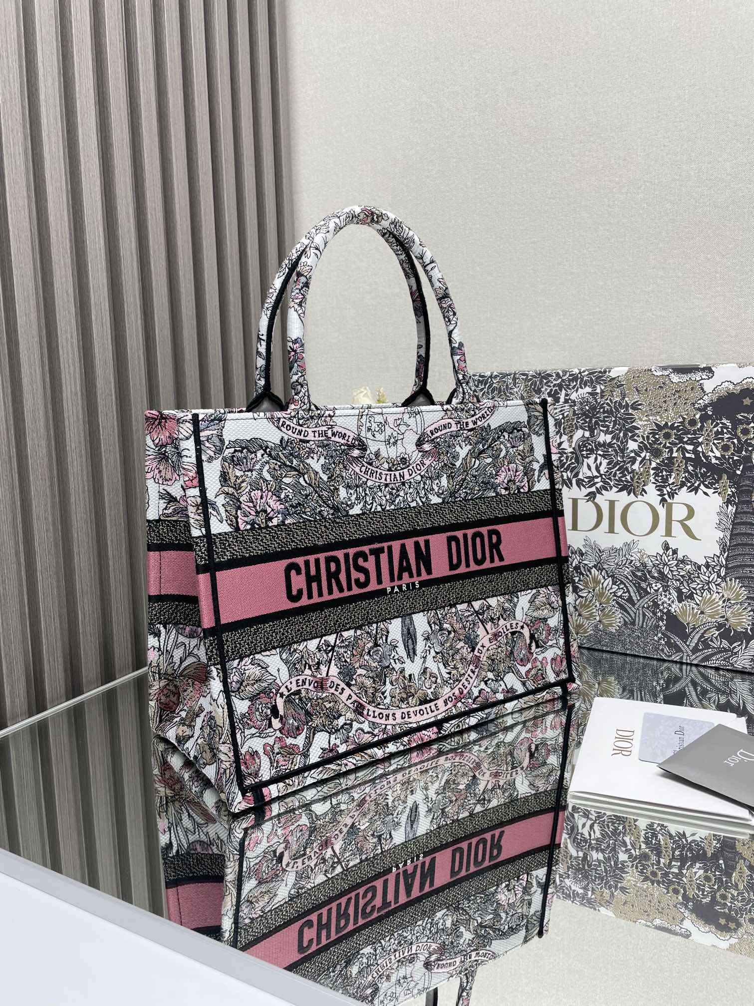 Dior Elegant Pink and Black Floral Tapestry Canvas Tote Handbag