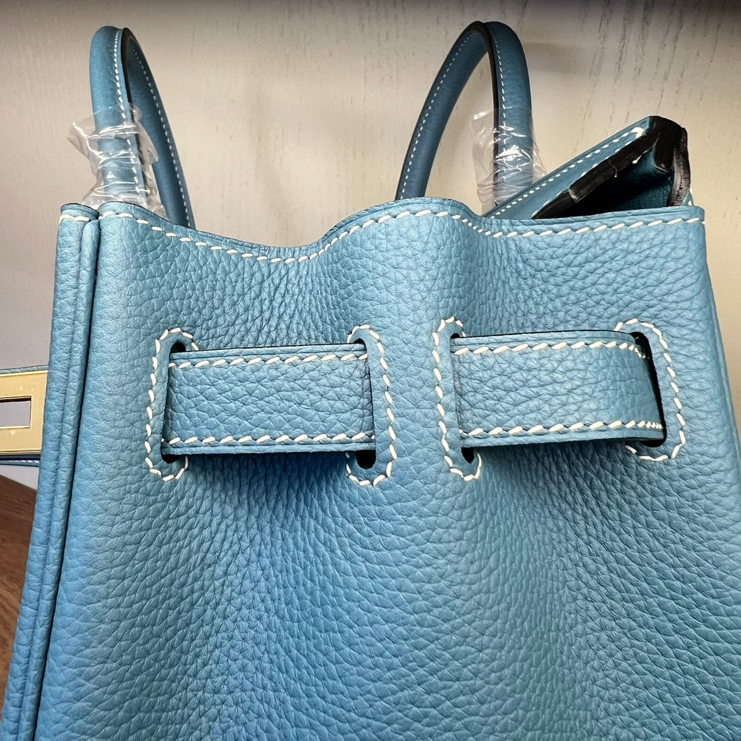 Luxury Blue Leather Handbag - Classic Top Handle Tote with Gold-Tone Hardware
