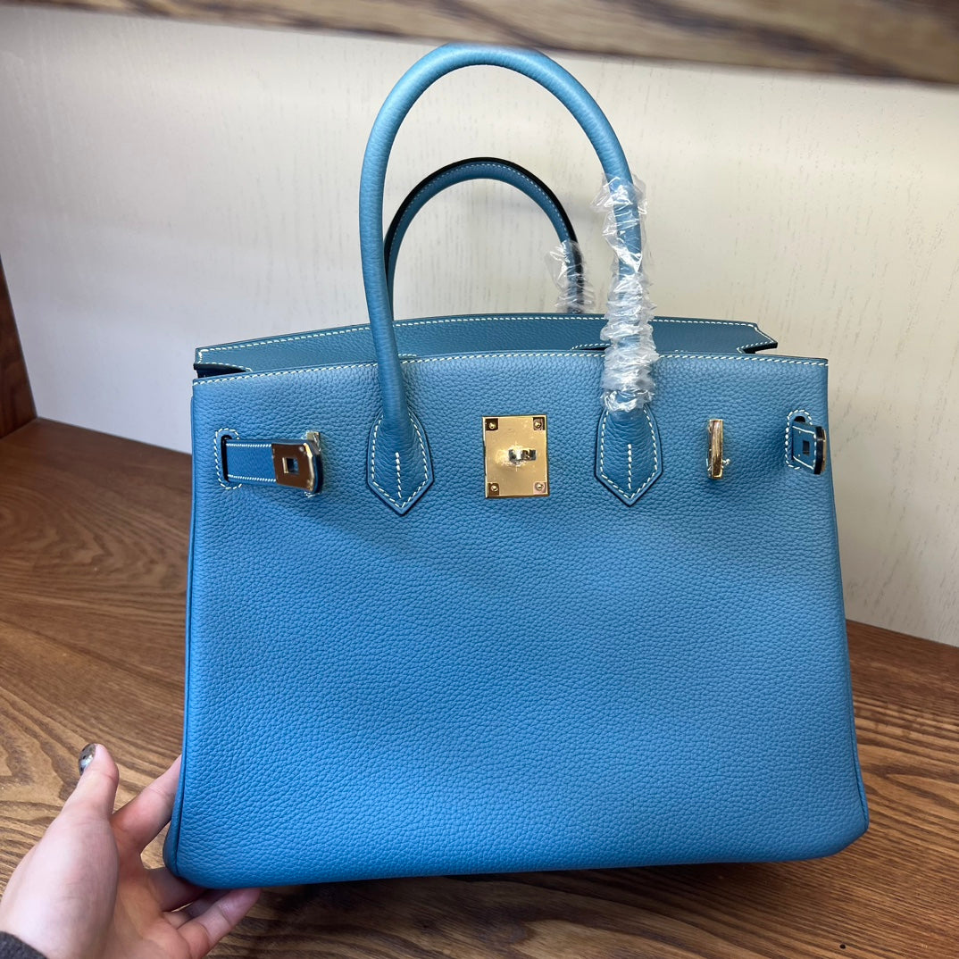 Luxury Blue Leather Handbag - Classic Top Handle Tote with Gold-Tone Hardware