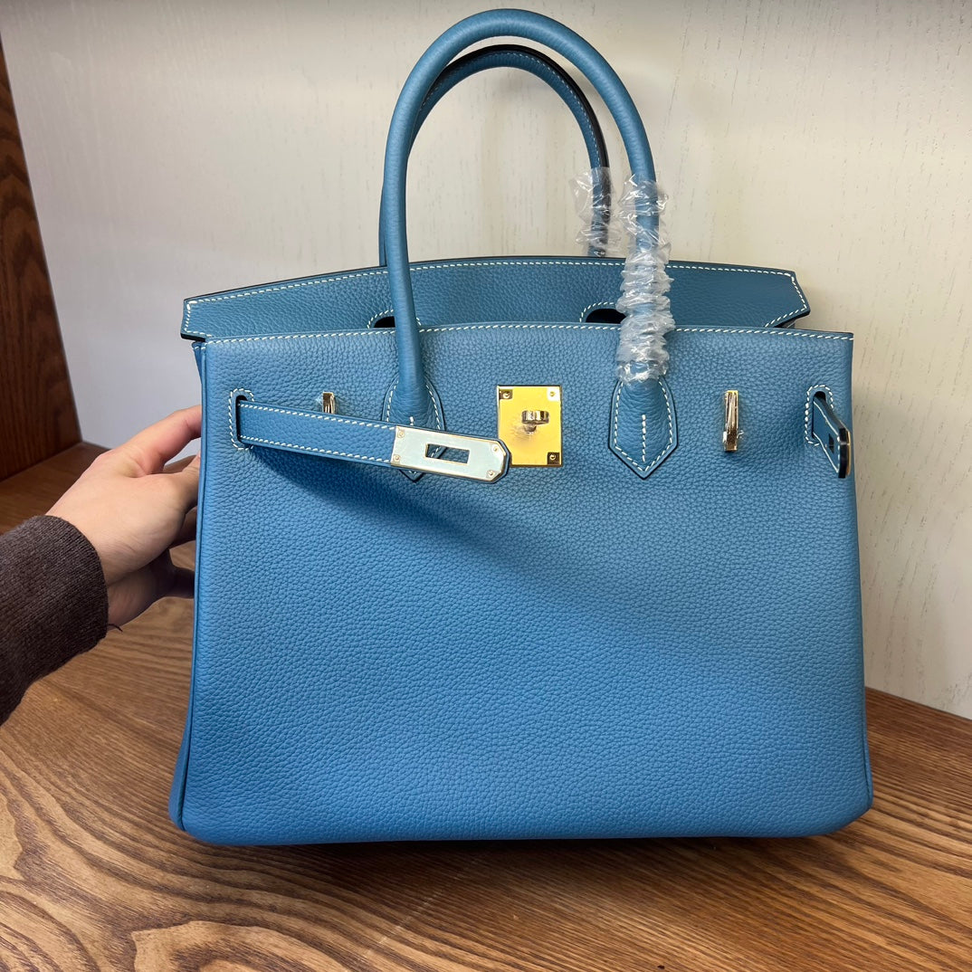 Luxury Blue Leather Handbag - Classic Top Handle Tote with Gold-Tone Hardware