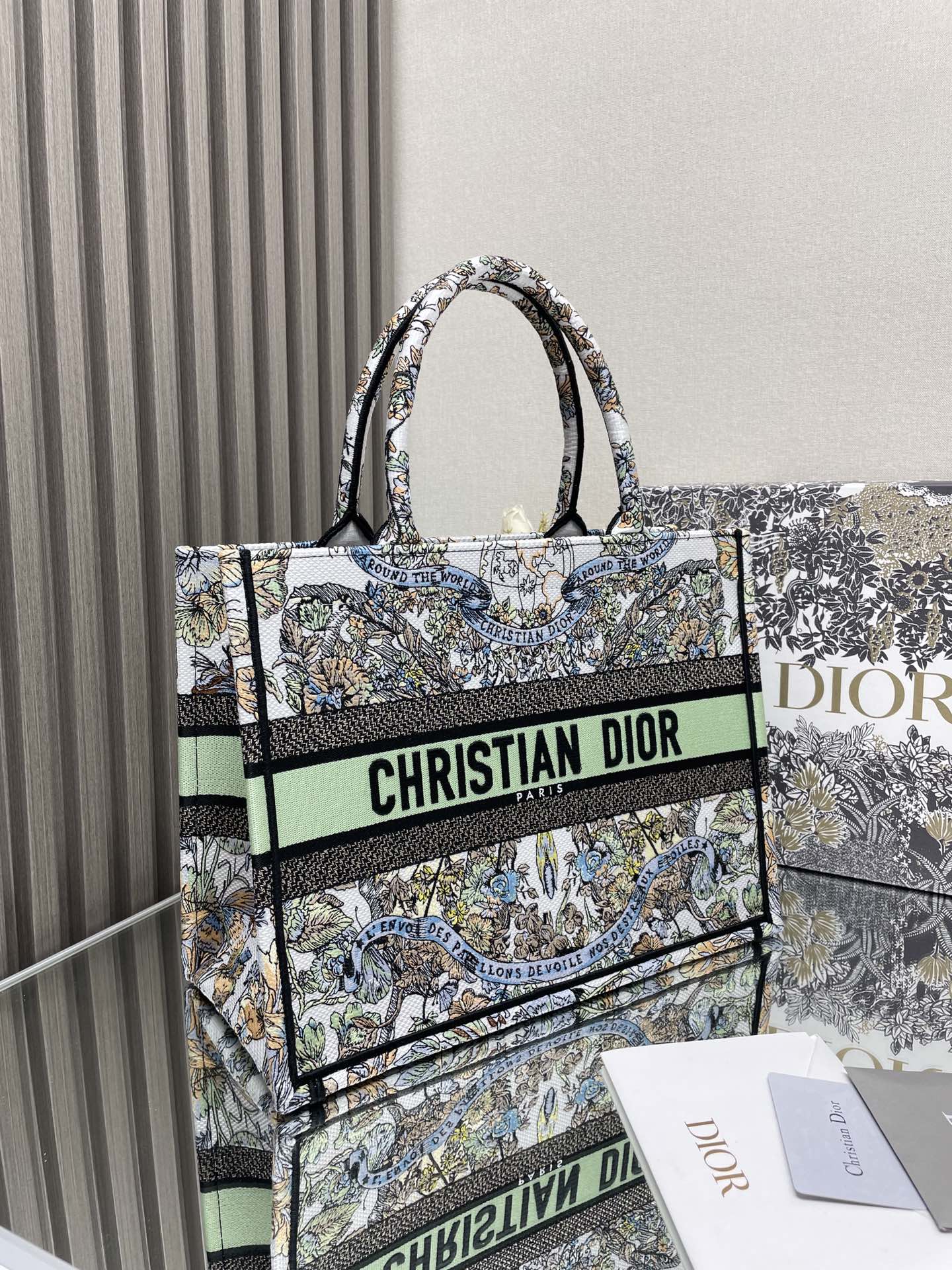 Dior Vintage Style Floral Embroidered Canvas Tote Bag with Top Handles
