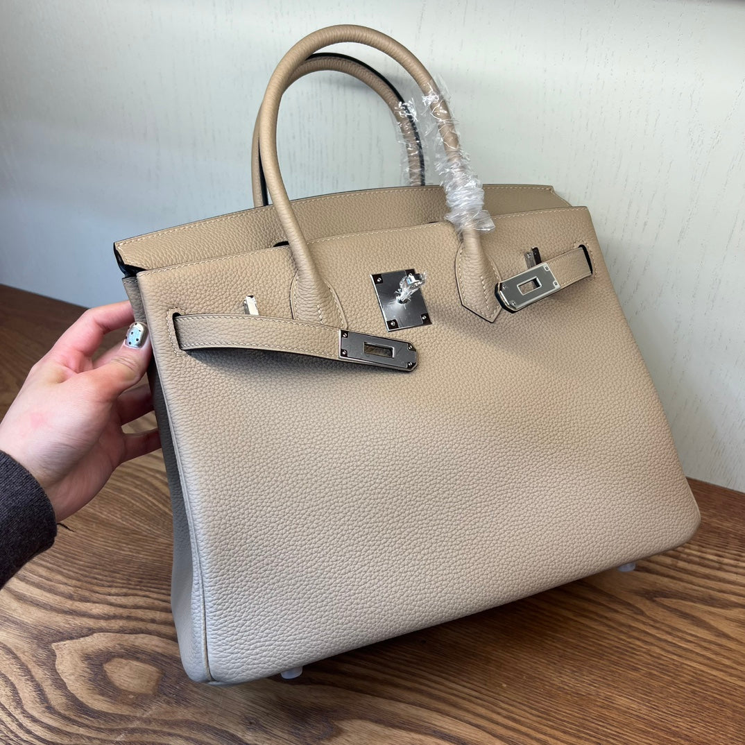 Luxury Pebbled Leather Top Handle Handbag - Elegant Taupe Birkin Style Tote