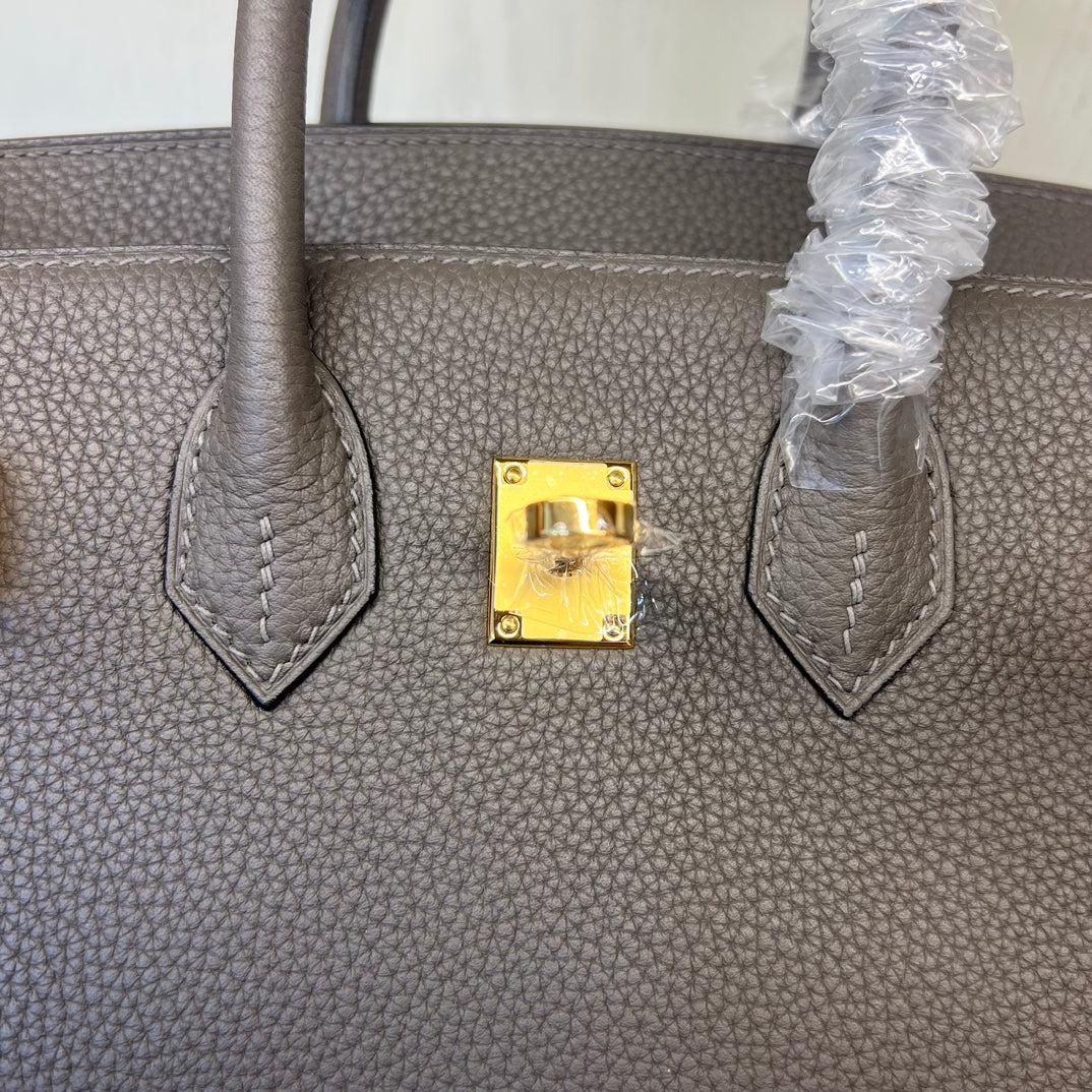 Luxury Togo Leather Handbag Birkin Style with Gold Hardware - Etoupe