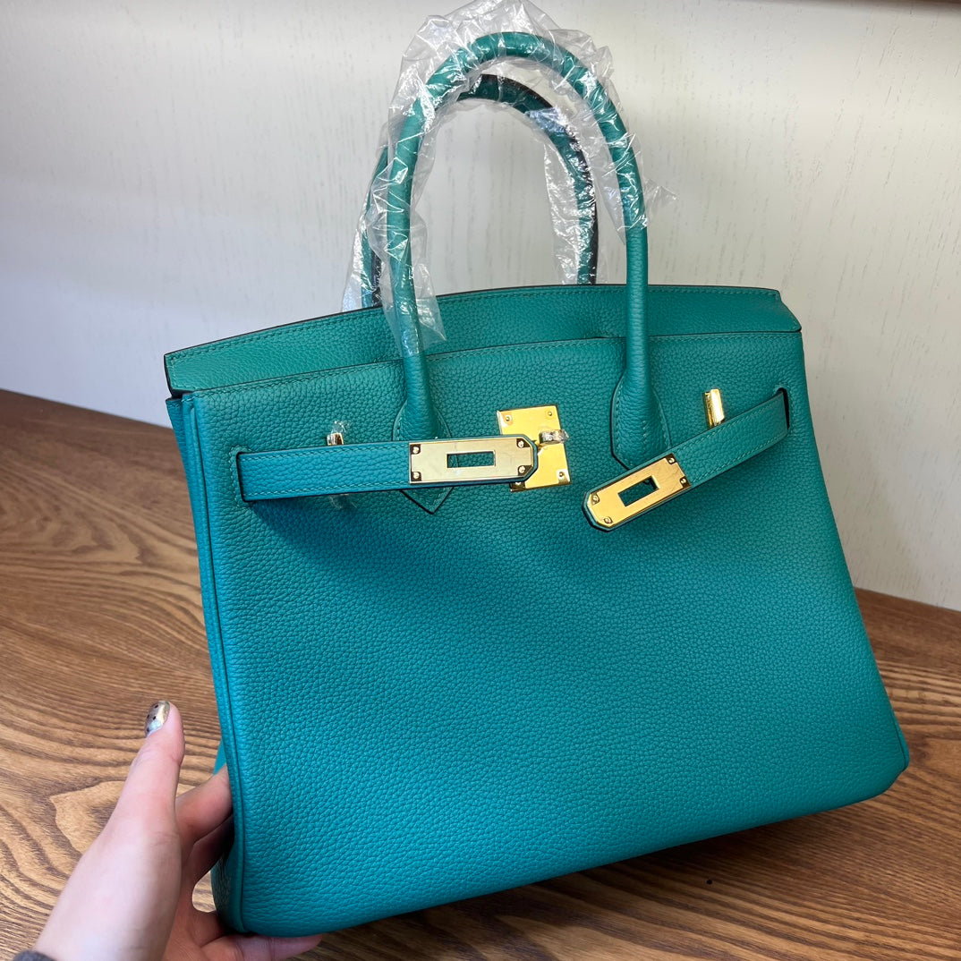 Teal Textured Leather Birkin-Style Handbag with Gold-Tone Hardware