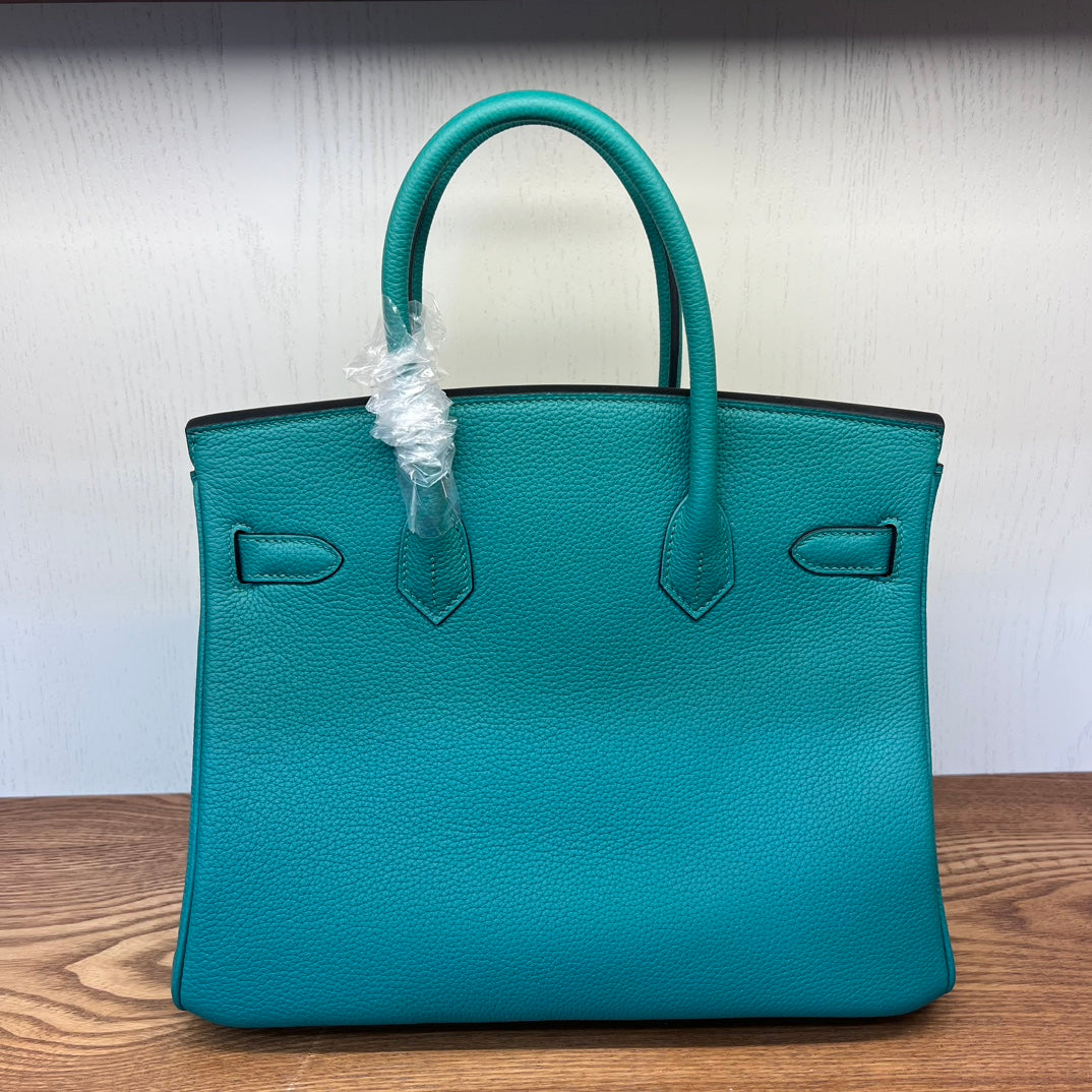 Teal Textured Leather Birkin-Style Handbag with Gold-Tone Hardware