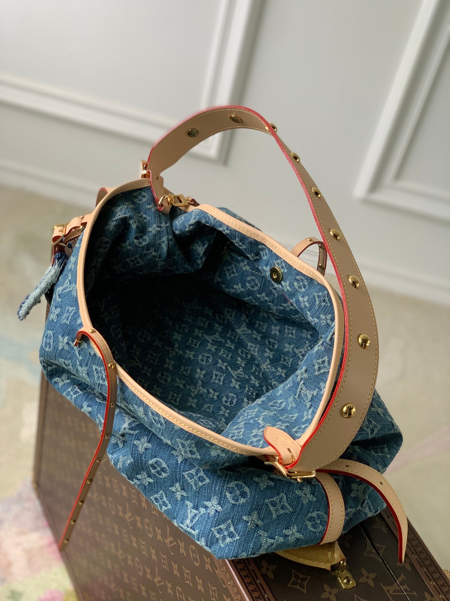 Louis Vuitton Classic Blue Monogram Denim Shoulder Handbag with Leather Bow