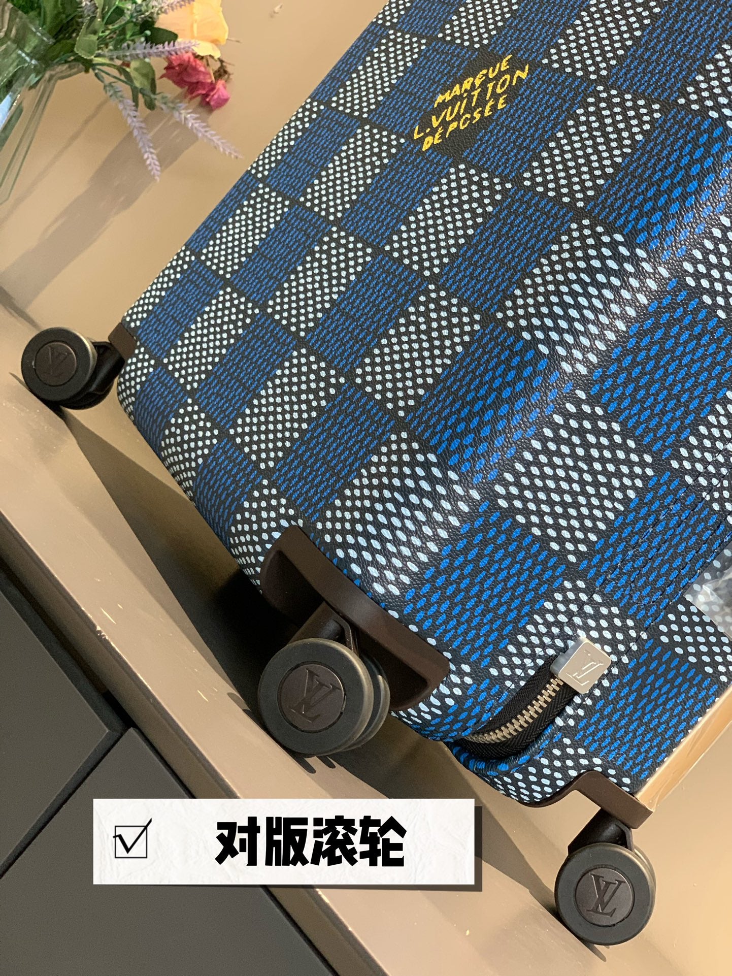 Blue Checkered Rolling Suitcase Hardside Carry-On Travel Bag