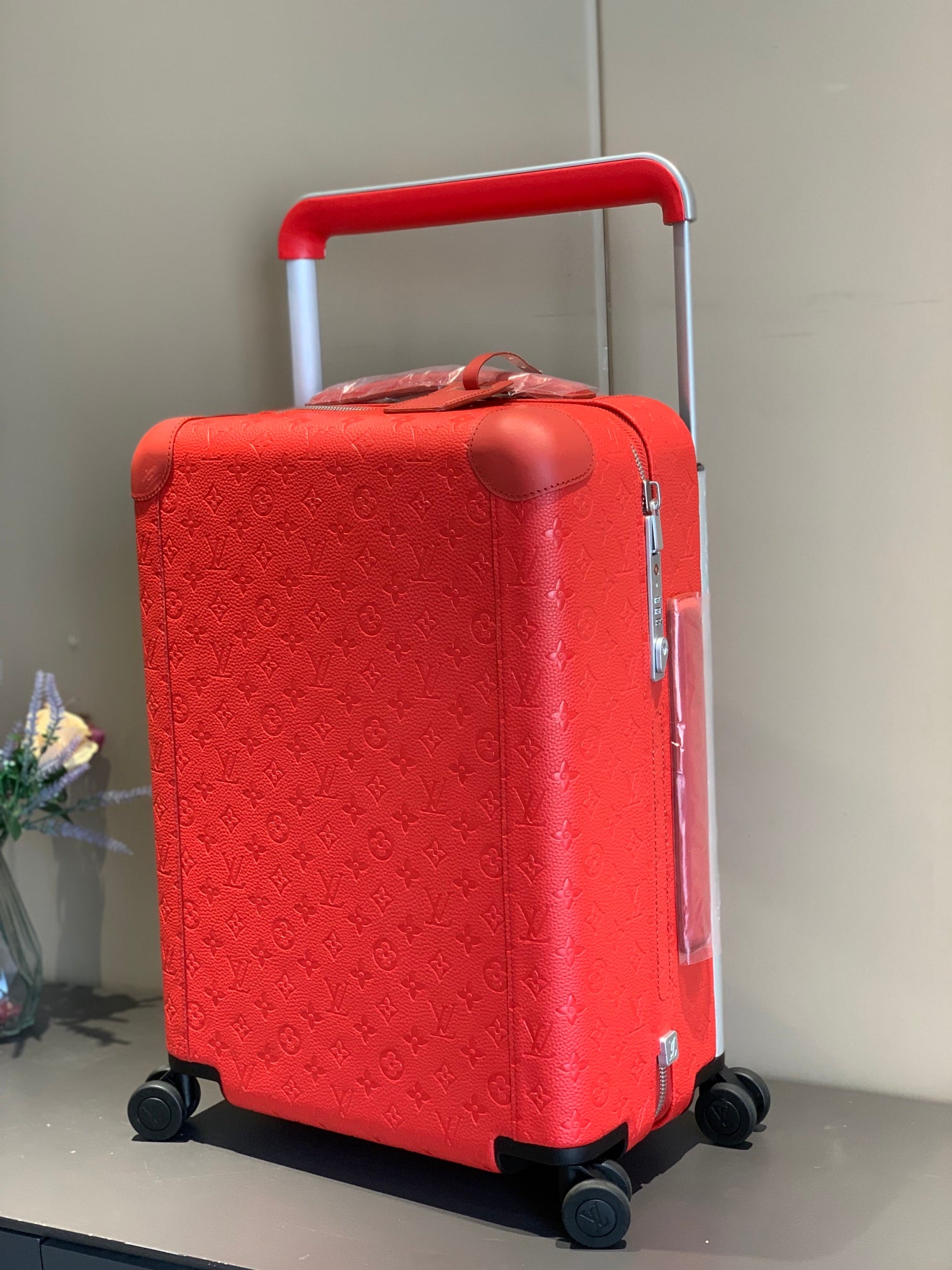 Red Monogram Embossed Hardshell Rolling Suitcase Travel Luggage