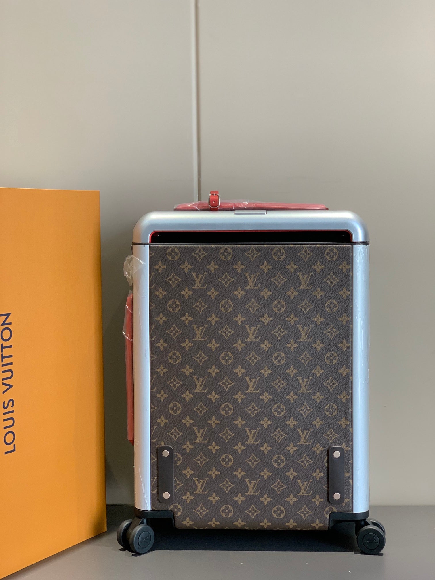 Classic Brown Monogrammed Carry-On Spinner Suitcase with Red Trim