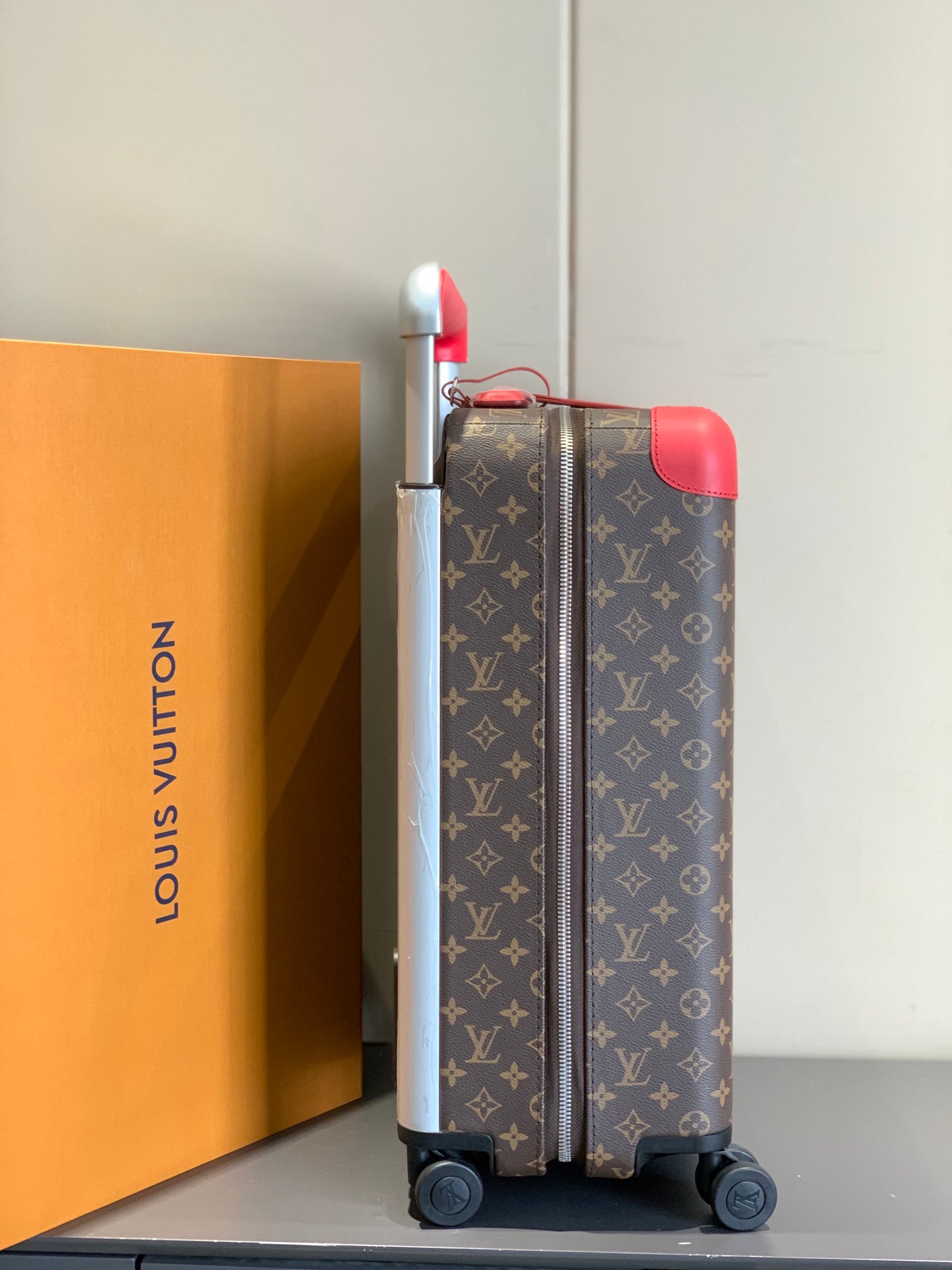 Classic Brown Monogrammed Carry-On Spinner Suitcase with Red Trim