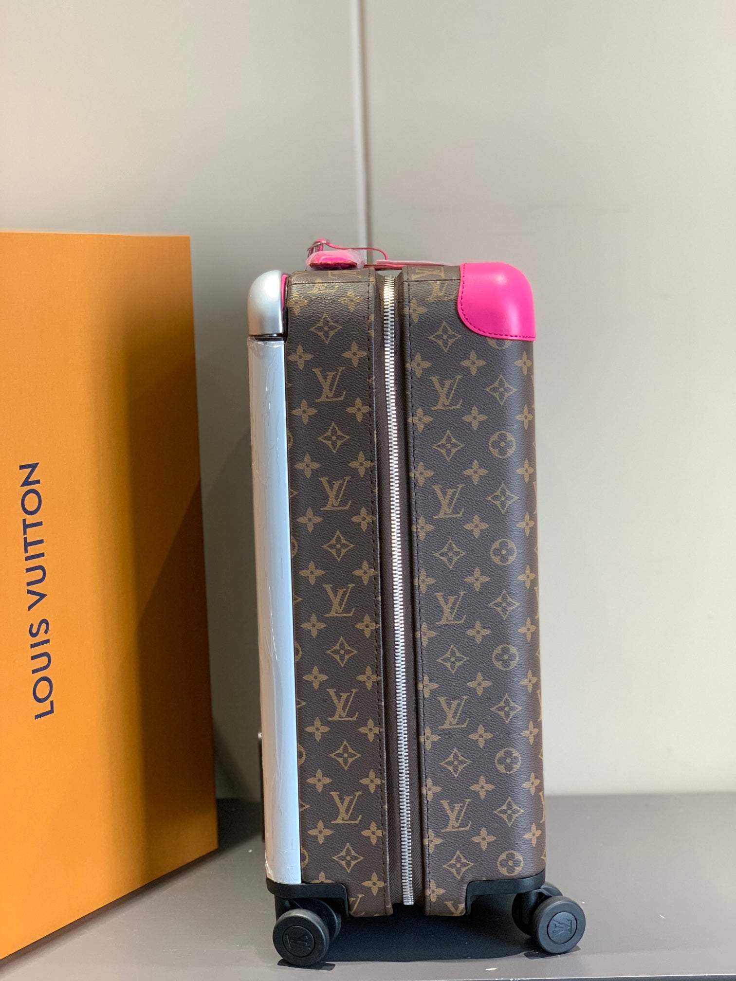 Brown Monogram Carry-On Suitcase with Hot Pink Handle and Wheels
