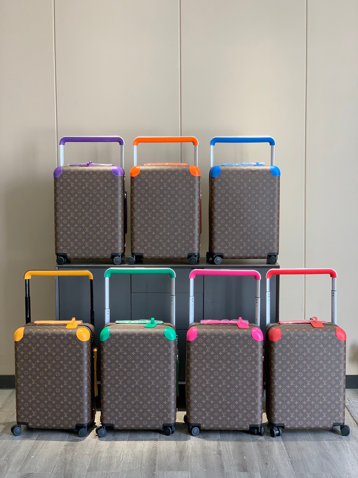 Brown Monogram Carry-On Suitcase with Hot Pink Handle and Wheels