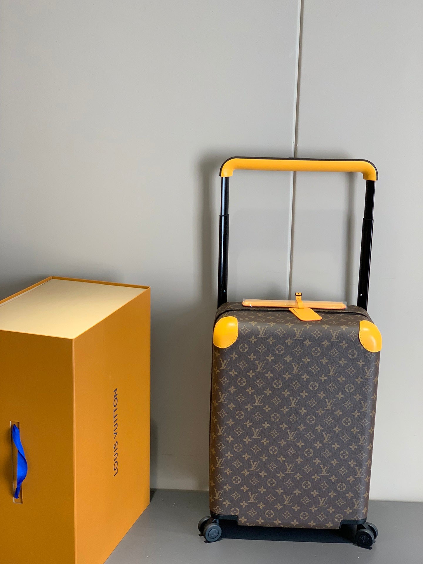 Brown Monogram Spinner Luggage Carry-On Suitcase with Yellow Trim